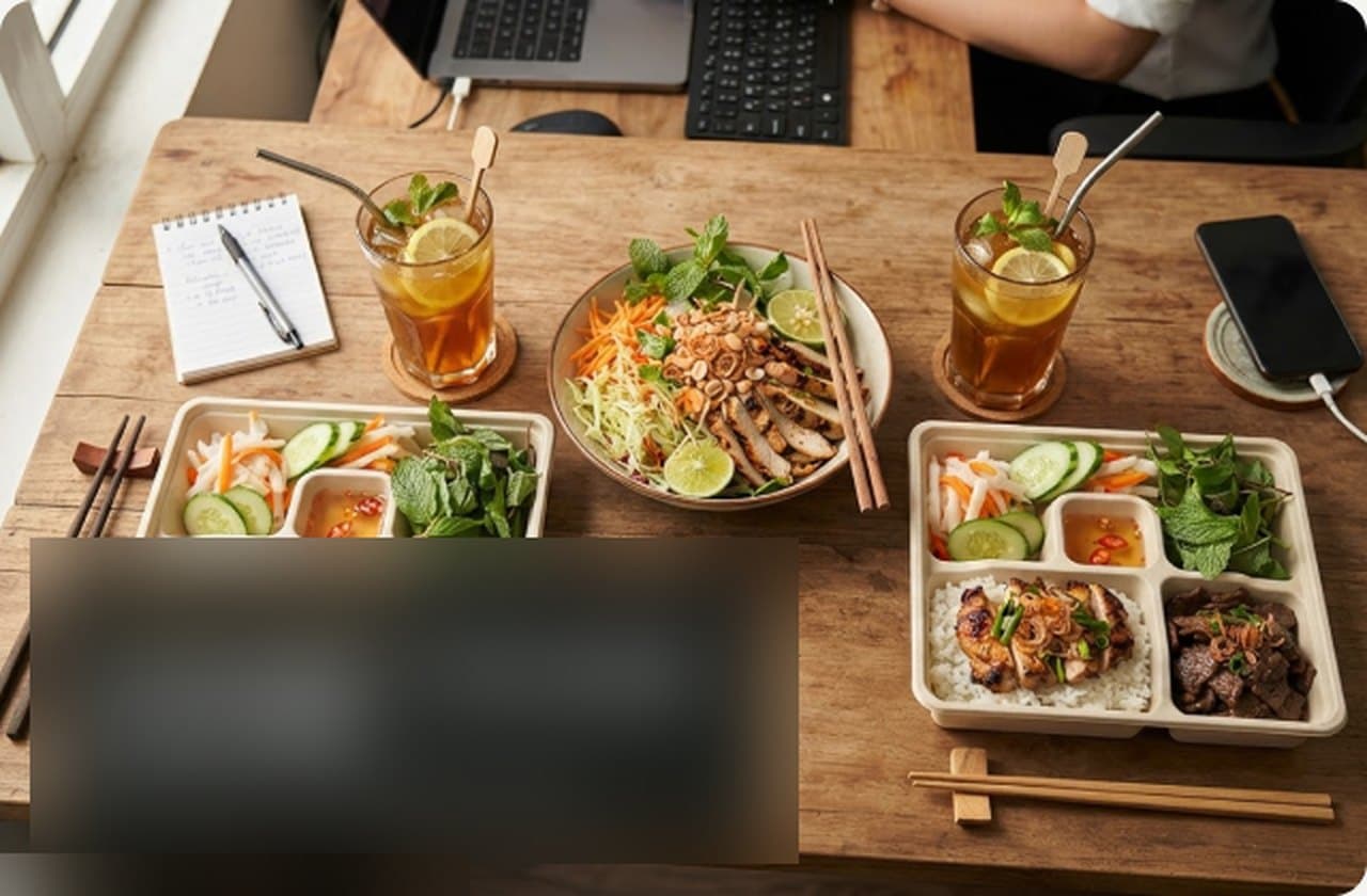 Combo văn phòng: hai hộp cơm phần và hai ly trà chanh sả trên bàn làm việc